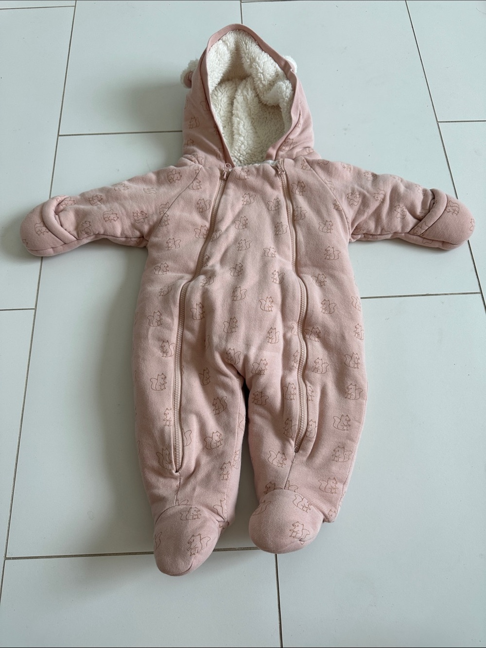 bout’chou baby bunting suit pink squirrels 3m fleece lined baby girl